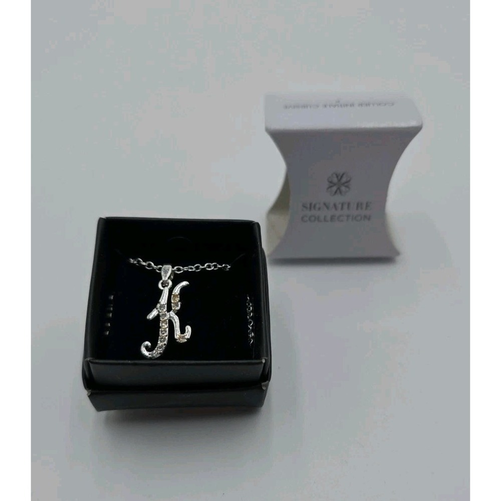 Avon Signature Collection Script Initial Necklace "K" Silvertone‎ New With Box